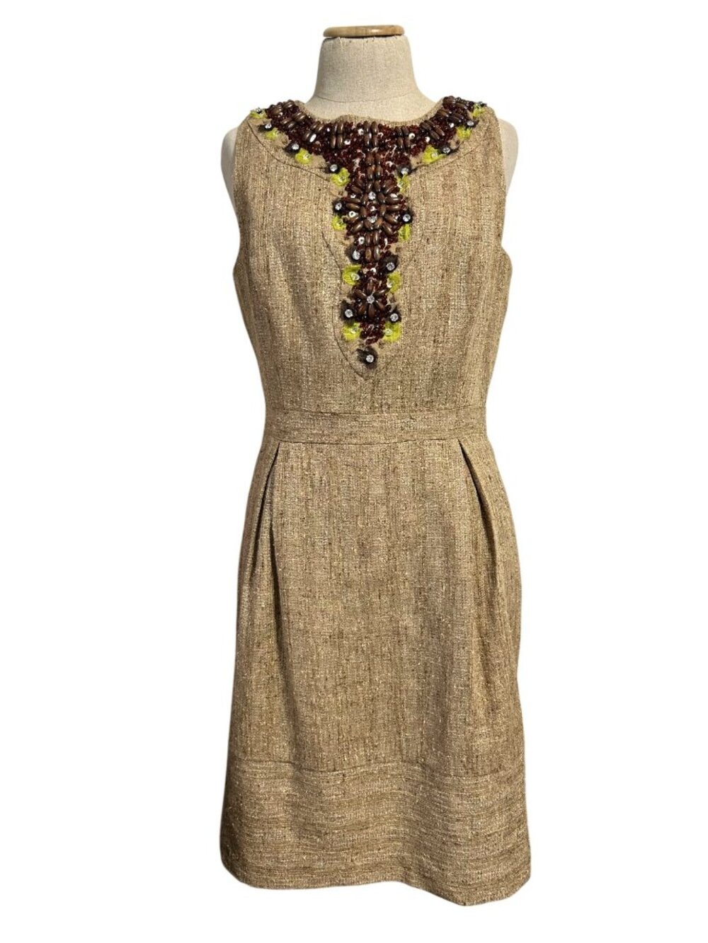 VTG Milly Women's Sz 8 Beaded Neckline Sleeveless Sheath Dress Gold-Tone